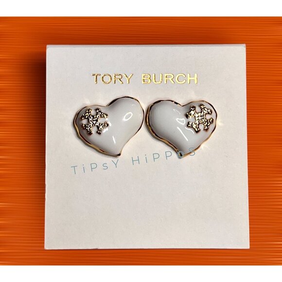 Tory Burch Heart Shaped Earrings In White & Gold - Picture 4 of 5